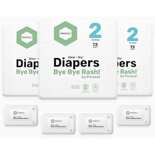 Parasol Clear+Dry Disposable Diapers and Clear+Pure Wipes Kit, RashShield Protection, Size 2 (10-18 lbs), Diaper Bundle of 216 Diapers & 240 Wipes