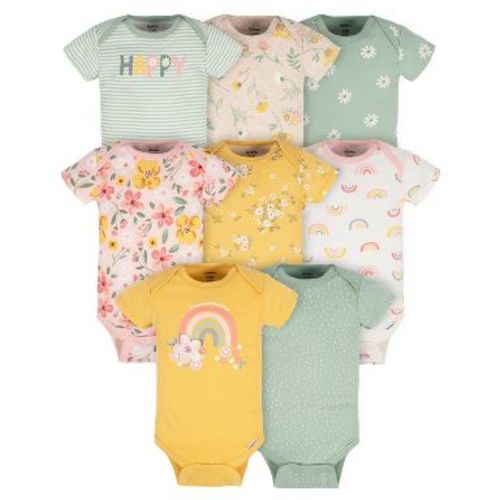 Gerber Baby Girls' Short Sleeve Onesies Bodysuits, 8-pack, Golden Floral, Newborn