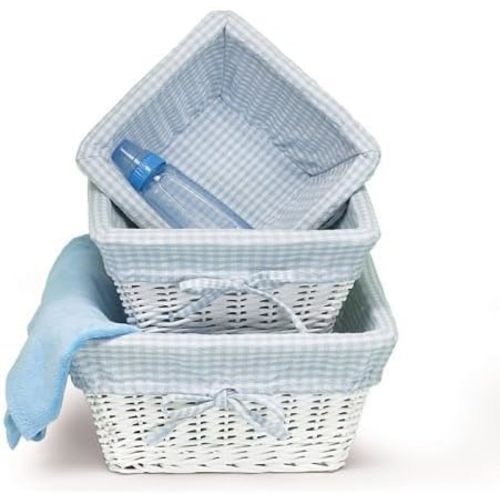 Set of 3 Baby Boy Nursery Storage Baskets White Willow with Blue Cotton Gingham Fabric