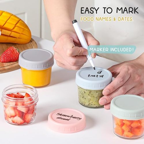 VITEVER 6 Pack Glass Baby Food Storage Containers - 4 oz Baby Food Storage Jars With Lids, Baby Food Maker, Microwave, Dishwasher & Freezer Safe - 6 PACK - Macaron