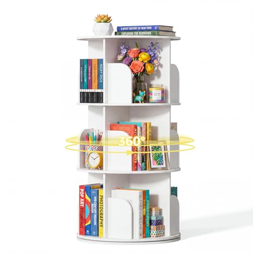 DUMOS 3 Tier Rotating Bookshelf Tower, Spinning Bookshelf for Small Space | 360° Display Revolving Bookcase Lazy Susan, Freestanding Vertical Corner Book shelf for Bedroom, Living Room, Entryway, White