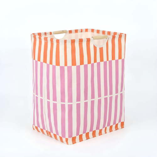 Color Block Striped Laundry Basket with Wooden Handles, Canvas Fabric Storage Hamper
