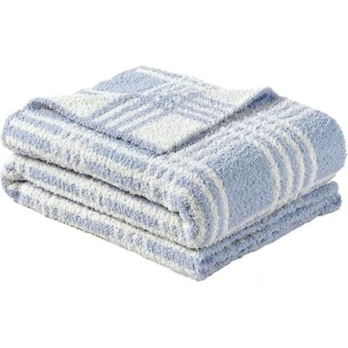 CREVENT 30"X40" Cozy Soft Warm Chenille Baby Blanket for Girls Boys, Newborn Essentials for Infant, Baby Shower Receiving Gift - Line Checked Blue 75X100cm