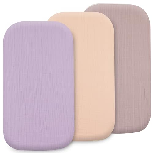 3-Pack Organic Muslin Bassinet Fitted Sheets, Compatible with Halo, Snoo, Graco, Dream On Me, Delta, and Other Standard Size Bassinets - Fits Oval, Hourglass, & Rectangle Shapes (32 x 16 x 4 Inches)