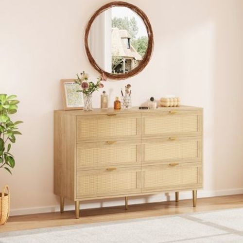 Whizmax Rattan 6 Drawer Dresser, Wooden Chest Of Drawers With 5 Metal Legs And Handles, Wide Double Drawer Dresser For Bedroom, Living Room, Natural