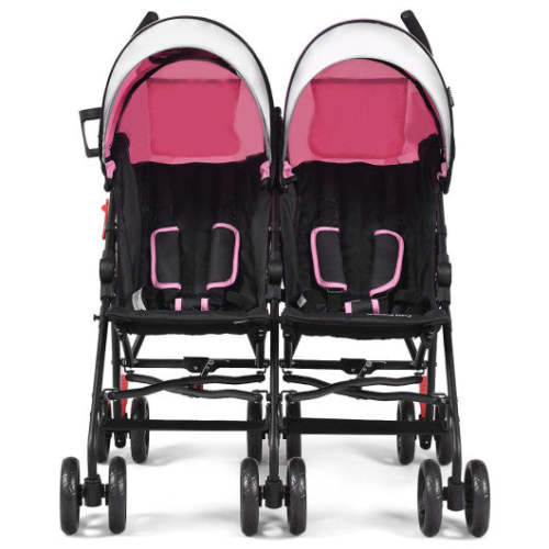 COSTWAY Foldable Twin Baby Double Stroller Ultralight Umbrella Kids Stroller-Pink