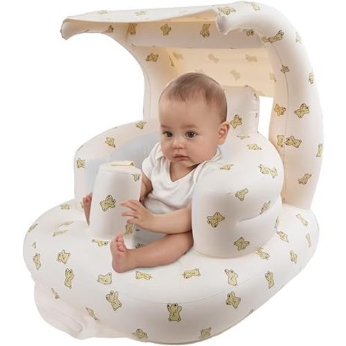 Zenflux Baby Seat with Integrated Canopy for Babies 3 Months and Up, Toddler Floor Seats for Sitting Up, Built in Air Pump Baby Seats for Kids, Blow Up Baby Chair with Back Support - Bear