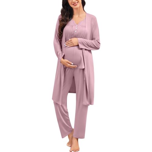 SWOMOG Maternity Nursing Pajamas Sets 3 PCS Women Postpartum Pajama Breastfeeding 3 in 1 Labor Delivery Button Pregnancy Pjs