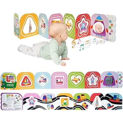 4 in 1 High Contrast Baby Toys for Newborns - Colorful Board Book, Musical Mirror, Tummy Time & Sensory Brain Stimulation, 0-12 Months