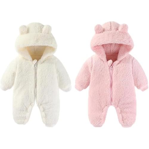 White and Pink 0-3 Months Newborn Baby Bear Outfit Suit Girls Boys Fleece Jumpsuit Romper Hooded Winter Snowsuit Clothes