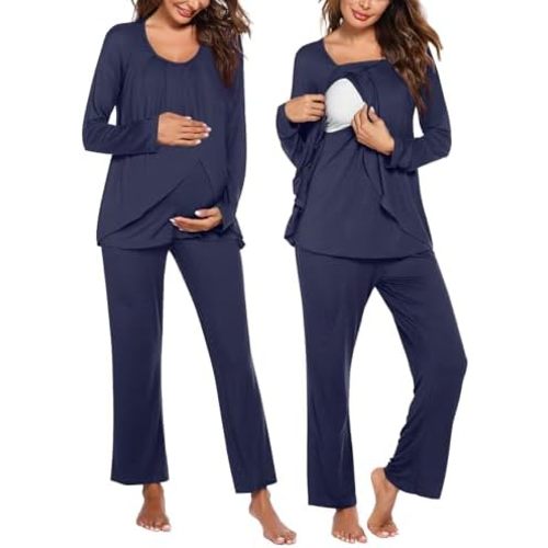 Ekouaer Maternity Nursing Pajama Set Long Sleeve Top & Pants with Pockets Breastfeeding Sleepwear Double Layer Pregnancy