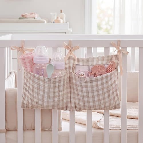 Gingham Diaper Bag Organizer Playpen Organizer Hanging Cotton Crib Storage Bag For Baby girl's room (Blue)(Beige)