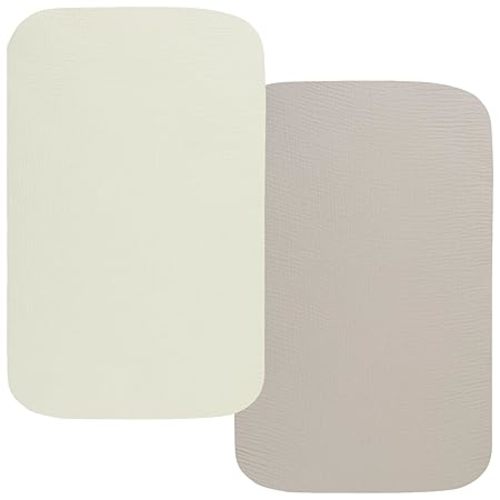 Onacosht Muslin Bassinet Sheets 33" x 19" Compatible with Mika Micky, KoolaBaby (3 in 1), BabyBond, HARPPA and RICUTON Bedside Bassinet, 2 Pack for Baby Boy and Girl, Fog and Beige