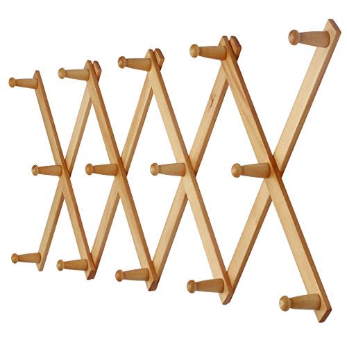 Dseap Accordian Wall Hanger: 16” High Wooden Wall Expandable Coat Rack, Hat Rack Holder, Accordion Hook for Baseball Caps, Coats, Mugs, 14 Peg Hooks, Natural