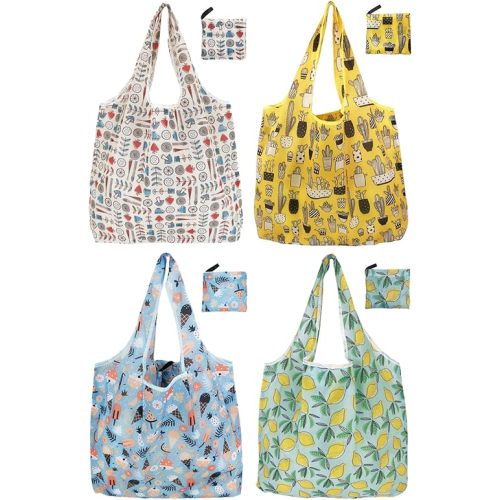 Reusable Foldable Shopping Bags, 4 Pack - Lightweight And Compact, Grocery Totes With Summer Patterns, Machine Washable And Durable, Ideal For Groceries, Travel, And Daily Use