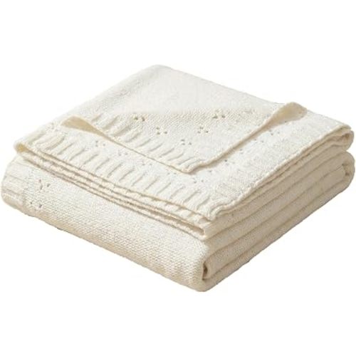 Knit Baby Lightweight Summer Throw Blanket Cable Soft Swaddle for Infant Boys Girls 32x35inch-Eyelet White
