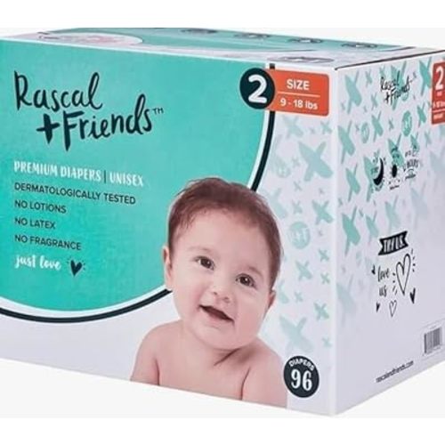 New Rascal & Friends Premium Diapers, Size 2, 96 Count, White, Pack of 1.
