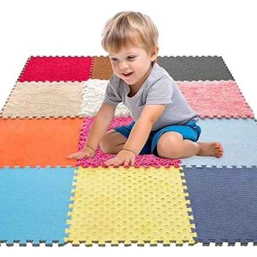 12 Set Sensory Floor Tiles - Textured Sensory Mats, Interlocking Sensory Rug Sensory Toys for Autistic Children Kids Baby Toddler Multi Sensory Exploration, Tactile Play, Fidgeting Activity