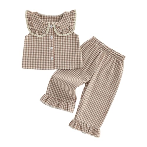 Gureui Toddler Baby Girl Summer Clothes Gingham Top Linen Pants 2 Piece Outfits