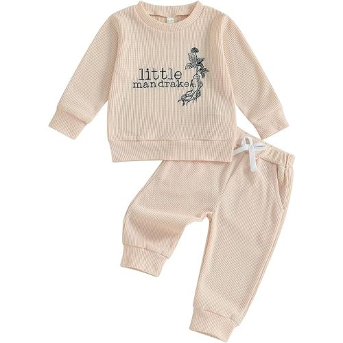 Gueuusu Toddler Baby Boy Girl Fall Outfit Letters Embroidery Long Sleeve Waffle Knit Sweatshirt and Pants Set