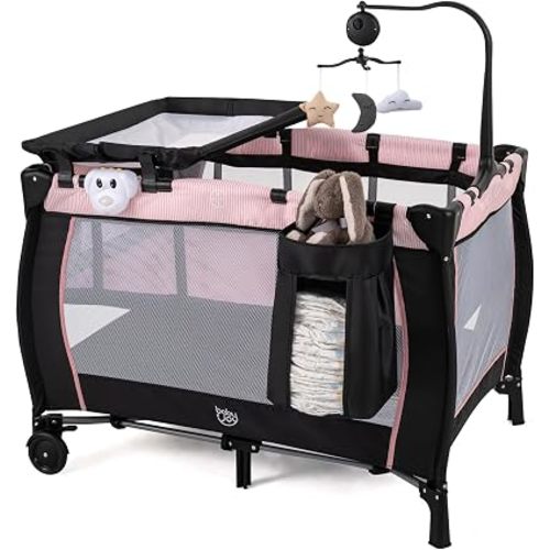 BABY JOY 3 in 1 Pack and Play, Portable Baby Playard with Bassinet, Changing Table, Lockable Wheels, Glowing Music Box, Travel Baby Crib Bassinet Bed from Newborn to Toddler