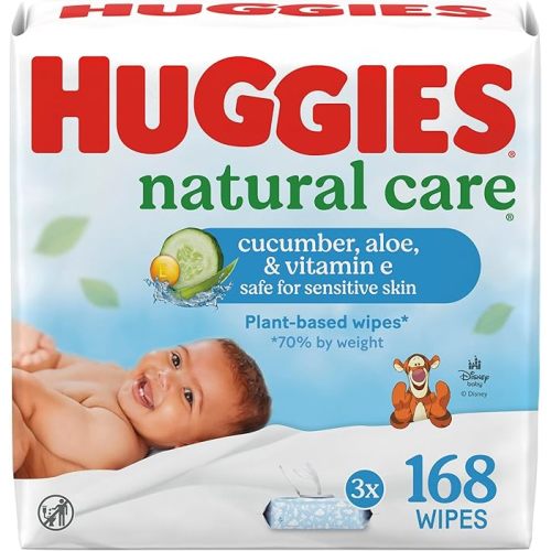 Huggies Natural Care Cucumber, Aloe and Vitamin E Baby Wipes, Hypoallergenic, Scented, 3 Flip-Top Packs (168 Wipes Total), Packaging May Vary
