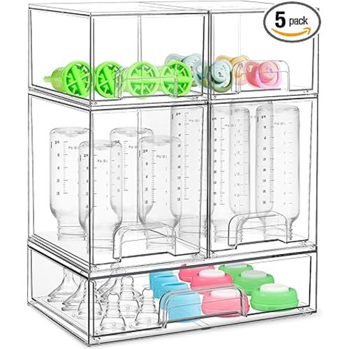 Baby Bottle Organizer for Countertop with Dust Protection, 5Pack Stackable Baby Organizers and Storage for Bottles, Clear Acrylic Container with Drawer for Kitchen, Cabinet, Vanity, Bathroom, Pantry