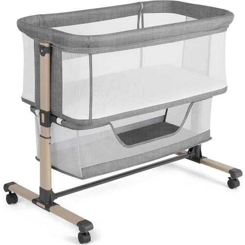 Cowiewie Bassinet Bedside Sleeper, Breathable and Adjustable, Khaki