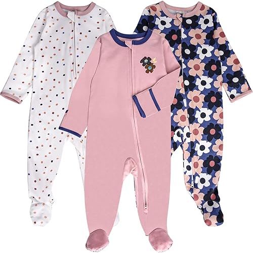 Baby Footed Pajamas with Mitten Cuffs - 3 Pcs Girls Boys Footie Sleeper Newborn, Zipper Footies Sleep 'n Play