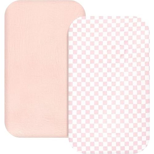 Hooyax Muslin Bassinet Sheets 2 Pack for Baby, Compatible with Bedside Sleeper Bassinet Fitted Sheets for Girls Boys, Ultra Soft and Skin-Friendly for Girls (Pink, Checkered)