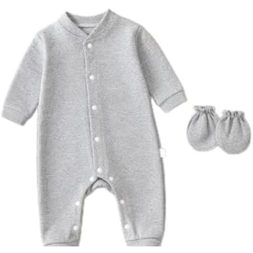 Baby Rompers 0~3 to 3-6 Months 100% Cotton Footies 3PCS Jumpsuit with Solid Hats Mittens Gloves
