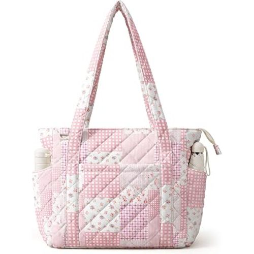 WOBAGMEN Quilted Tote Bag for Women, Floral Quilted Tote Bag with Zipper, Cute Shoulder Bag for Work, Travel, Gym (Pink Patchwork, M)