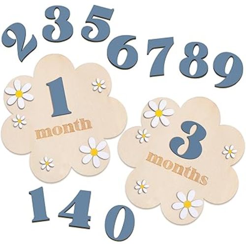 3D Wooden Daisy Baby Monthly Milestone Sign Cards 1-12 Months Interchangeable Monthly Milestone Wood Discs Announcement Sign for Baby Shower Newborn Photo Props Gifts(Slate Blue)