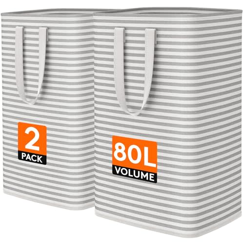 Lifewit 2 Pack Laundry Basket 80L Each, Collapsible Clothes Hamper with Reinforced Handles, Freestanding Waterproof Design for Bedroom and Laundry Room, Grey 160L Total