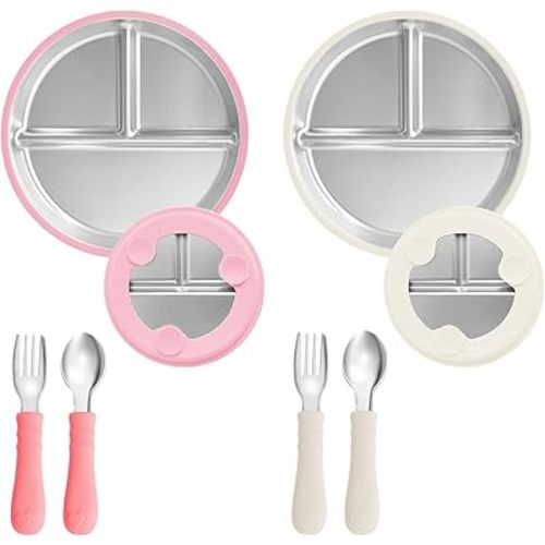 2 Pack Stainless Steel Kids Plates with Removable Silicone Suction Sleeve,Non-Slip Divided Plates Baby Feeding Set,Food-Grad Toddlers Utensils for Led Weaning Supplies Dishwasher Safe (WH+PK)