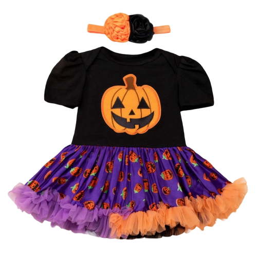 MEZZALL Baby Girls Halloween Outfits Cute Pumpkin Print Jumpsuit With Mesh Skirt Toddler Party Dress Set For Daily Wear Birthday Clothing