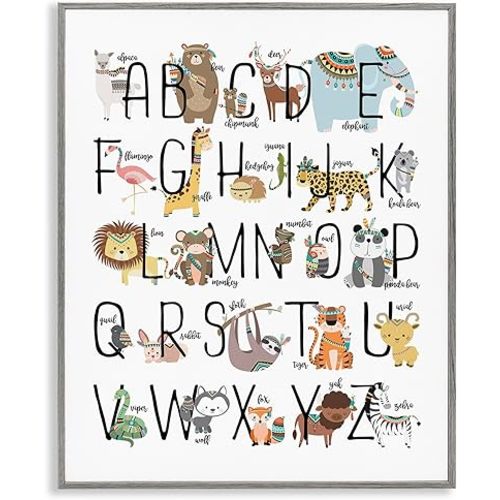 Stupell Industries Boho Animal ABCs Grey Framed Wall Art, 16x20, Design by Artist Erica Billups