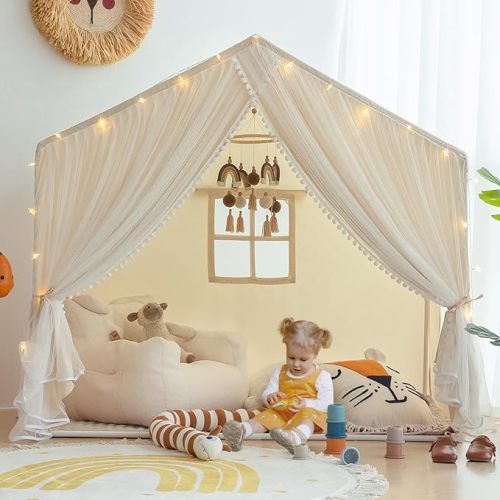 Kids Play Tent with Padded Mat, Princess Castle Playhouse Tents for Toddler | Kids Tents with Mat Double-layered Curtains Play House Tent Pompoms Bed Tents Indoor Toys for Girl Birthday House Gift