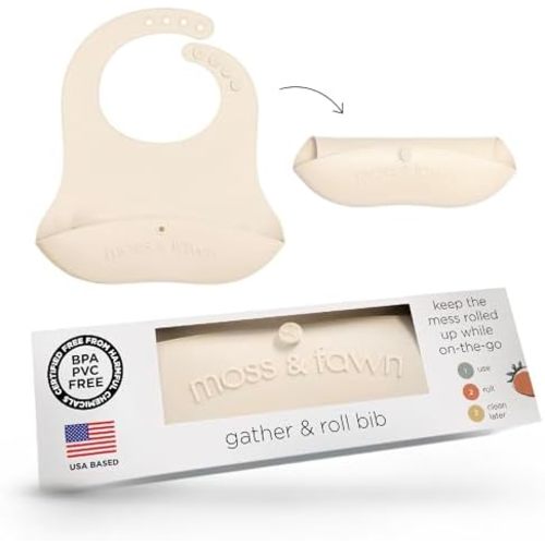 Moss and Fawn Gather & Roll Bib - Washable Waterproof Silicone Baby Feeding Bib - BPA, Lead, & PVC-Free