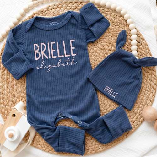 Personalized Baby Girl Coming Home Outfit, Cotton Bodysuit & Knotted Hat Homecoming Set, Newborn Gift with Custom Name