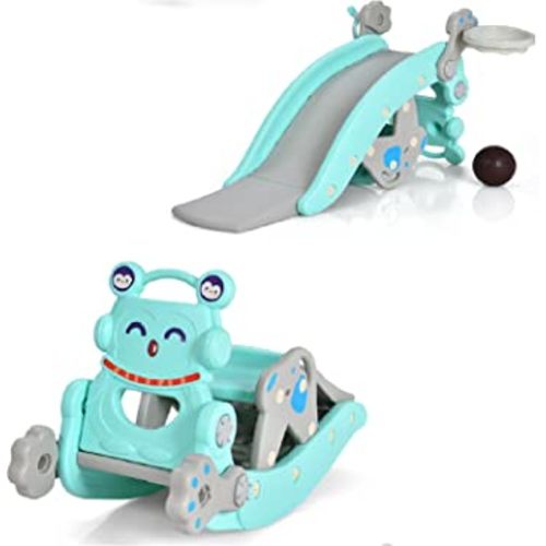 Costzon 5 in 1 Toddler Slide Rocking Toy, Slide for Kids with Detachable Stool, Basketball Hoop and Ring Game, Foldable Climber Playground Slide for Both Indoors Outdoor Use (Blue Penguin)