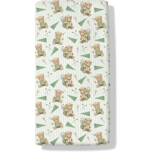 Cute Bear Golf Sports Baby Boys Girls Crib Sheets Golf Clubs Bag Balls Flag Toddler Bed Sheets Outdoor Sports Fitted Crib Mattress Cover for Standard Crib Mattresses 52''x28''