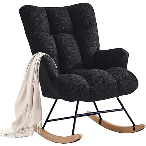 Rocking Chair Nursery Teddy Upholstered Glider Rocker Rocking Accent Chair Padded Seat with High Backrest Armchair Comfy Side Chair for Living Room Bedroom Offices (Black Teddy)