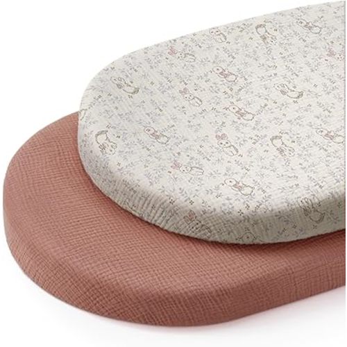 Blissful Diary Muslin Bassinet Sheets for Baby Girls, Boho Soft Cotton Fitted for Oval Hourglass Rectangle Mattress, 2 Pack(Blush Bunny Floral & Dusty Pink)