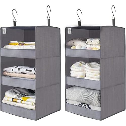 GRANNY SAYS 3-Shelf Closet Organizers and Storage, Foldable Hanging Closet Organizer, Hanging Closet Shelves with 2 Metal Hooks, Leak-Proof Closet Hanging Organizer for Locker & Camper, Gray, 2-Pack