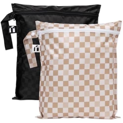 Bumkins Roamio Waterproof Wet Bag - For Baby, Travel, Swim Suit, Cloth Diapers, Pump Parts, Pool, Gym, Toiletry, Strap to Stroller - Reusable & Easy to Clean - 2pk - Beige & Black Check