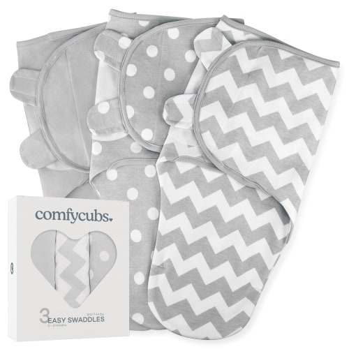 Comfy Cubs Baby Swaddles, Easy Adjustable 3 Pack for Boys and Girls (Small 0-3 Months, Gray)