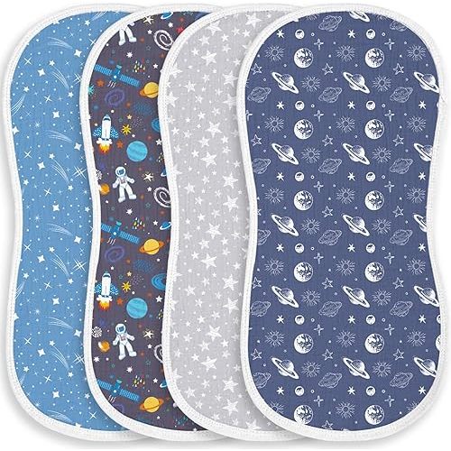 4 Pack Baby Burp Cloths for Boys Girls, Soft Cotton, Deep Blue Space Galaxy Theme Design, Super Absorbent Baby Burping Cloths for Newborns, Machine Washable and Reusable Baby Spit-Up Cloths