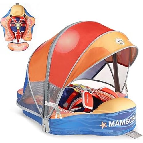 Mambobaby Baby Pool Float with Canopy, Non-Inflatable Infant Swim Float with Safe Seat and Tail Support for 3-24 Months, UPF 50+ Sun Protection