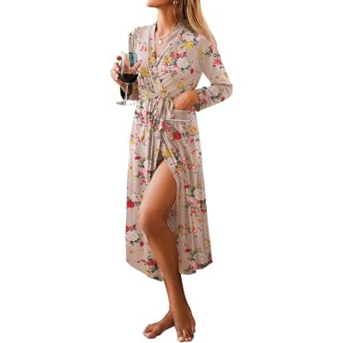 Ekouaer Women Kimono Robes Full Length Knit Bathrobe Lightweight Soft Sleepwear V-neck Casual Ladies Loungewear S-XXL